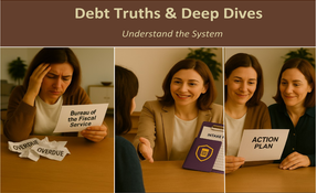 Three-panel image showing the emotional journey from frustration with Bureau of the Fiscal Service debt to receiving guidance and developing an action plan — representing Debt Truths & Deep Dives educational support.