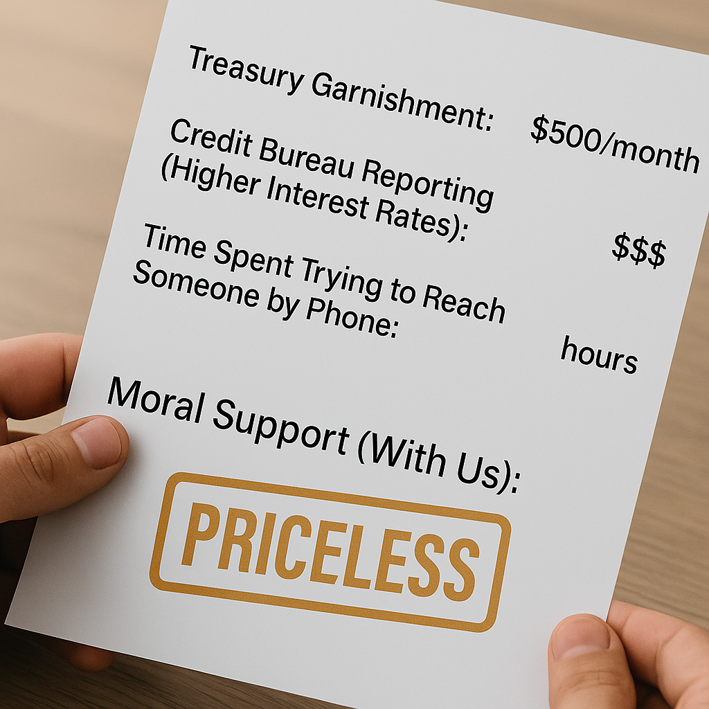 Hand holding a document showing the financial costs of Treasury garnishment, credit reporting, and wasted time — with 'Moral Support (With Us): Priceless' highlighted, representing Trusted Guidance for federal debt challenges.