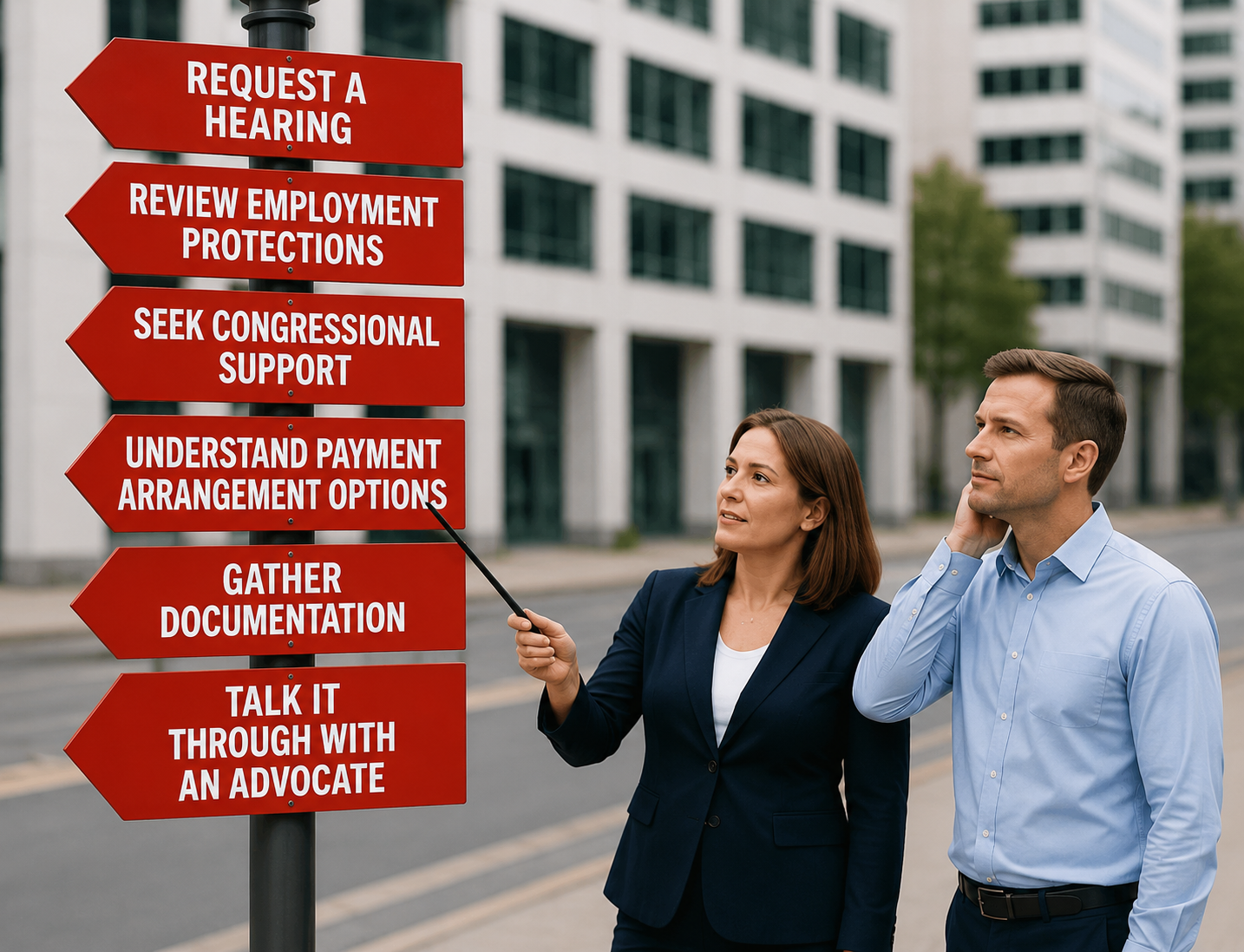 Man and woman standing beside a signpost listing key actions like Request a Hearing, Review Protections, and Negotiate a Payment Plan. This represents Coaching Sessions to help map out your next steps for managing federal non-tax debt.