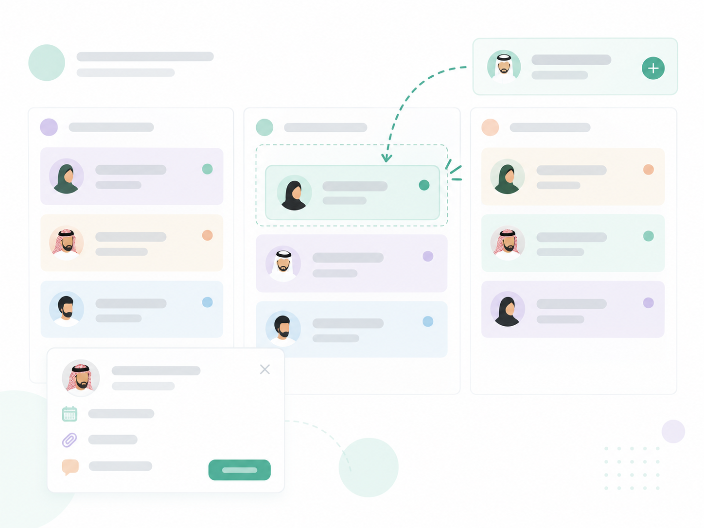 Illustrated communication workspace connecting customers, teams and business requests.
