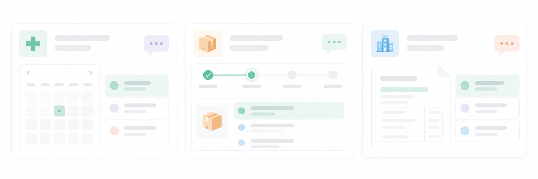 Three illustrated workspaces showing distinct communication needs across business sectors.