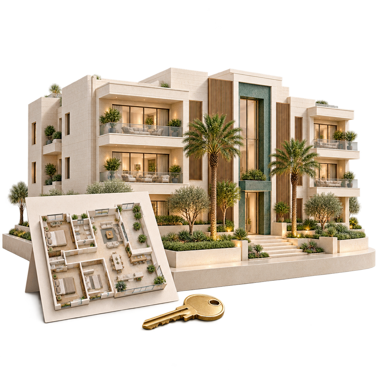 Detailed architectural model of a contemporary Saudi residential development with a floor plan and key