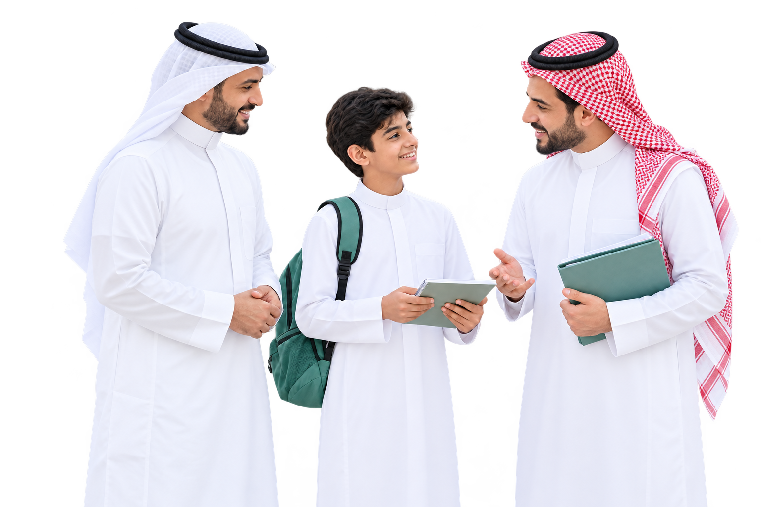 A Saudi student, his parent and a teacher speaking together at school.