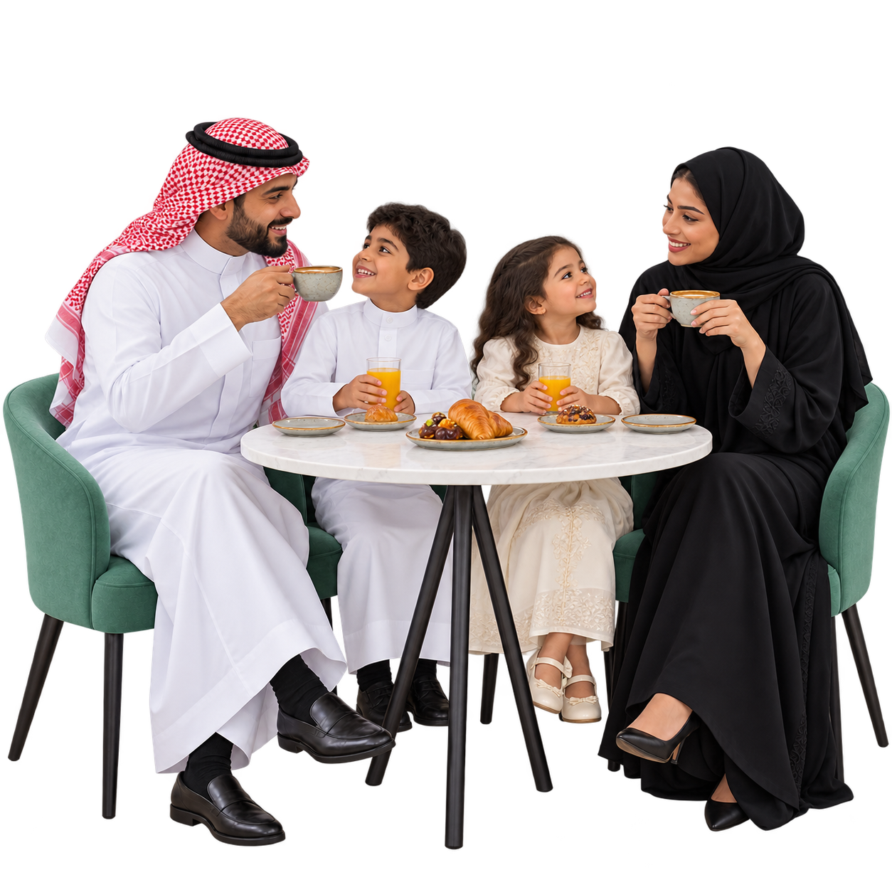 A Saudi family of four enjoying refreshments at a café table.