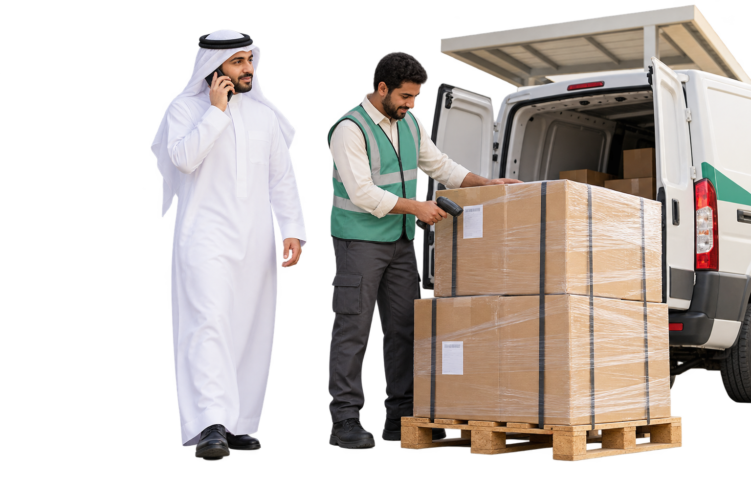 Saudi transport coordinator on a phone call beside a warehouse operator scanning a shipment at dispatch.