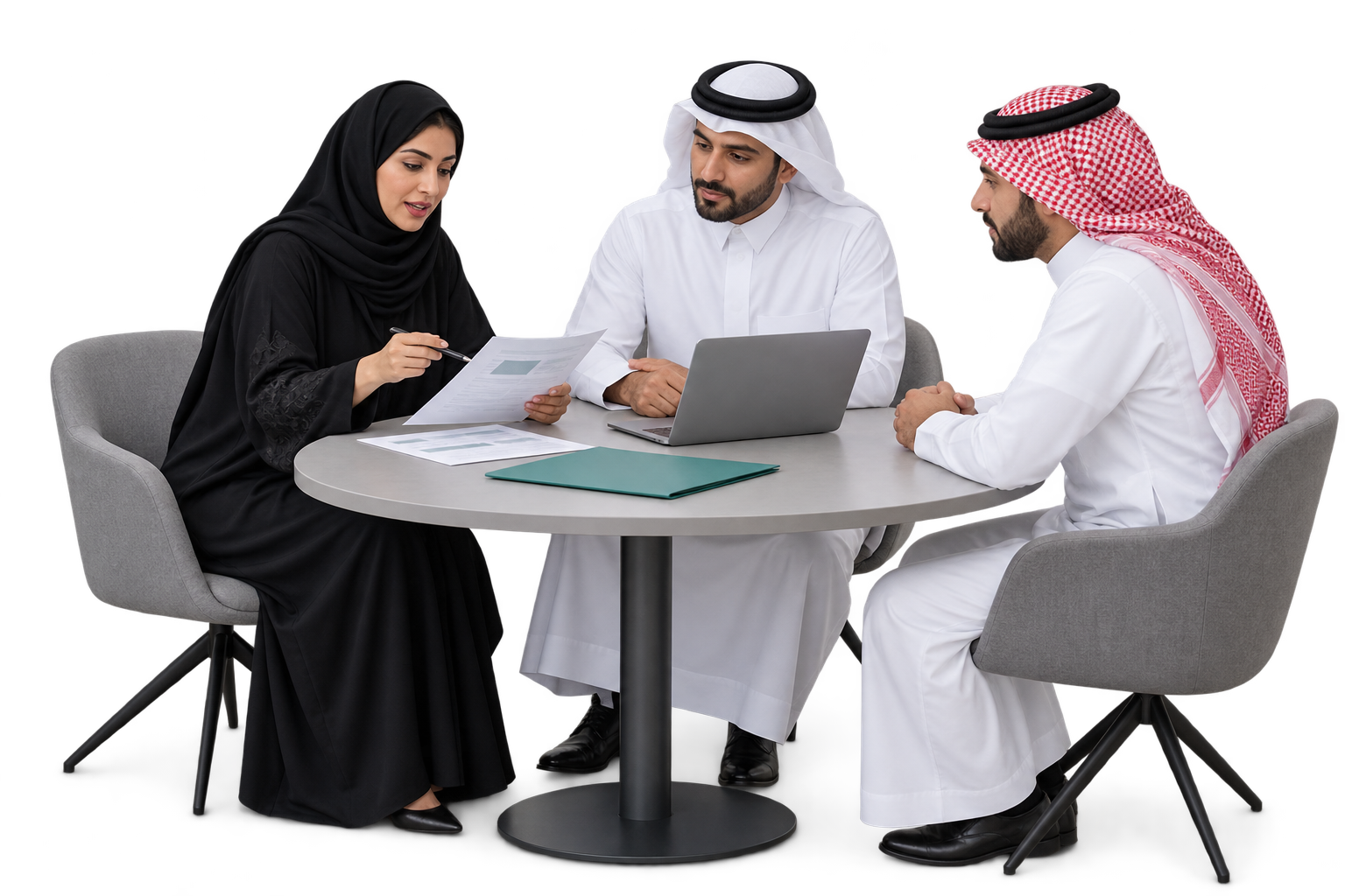 Saudi consultants and a business owner discussing a professional service brief around a meeting table.