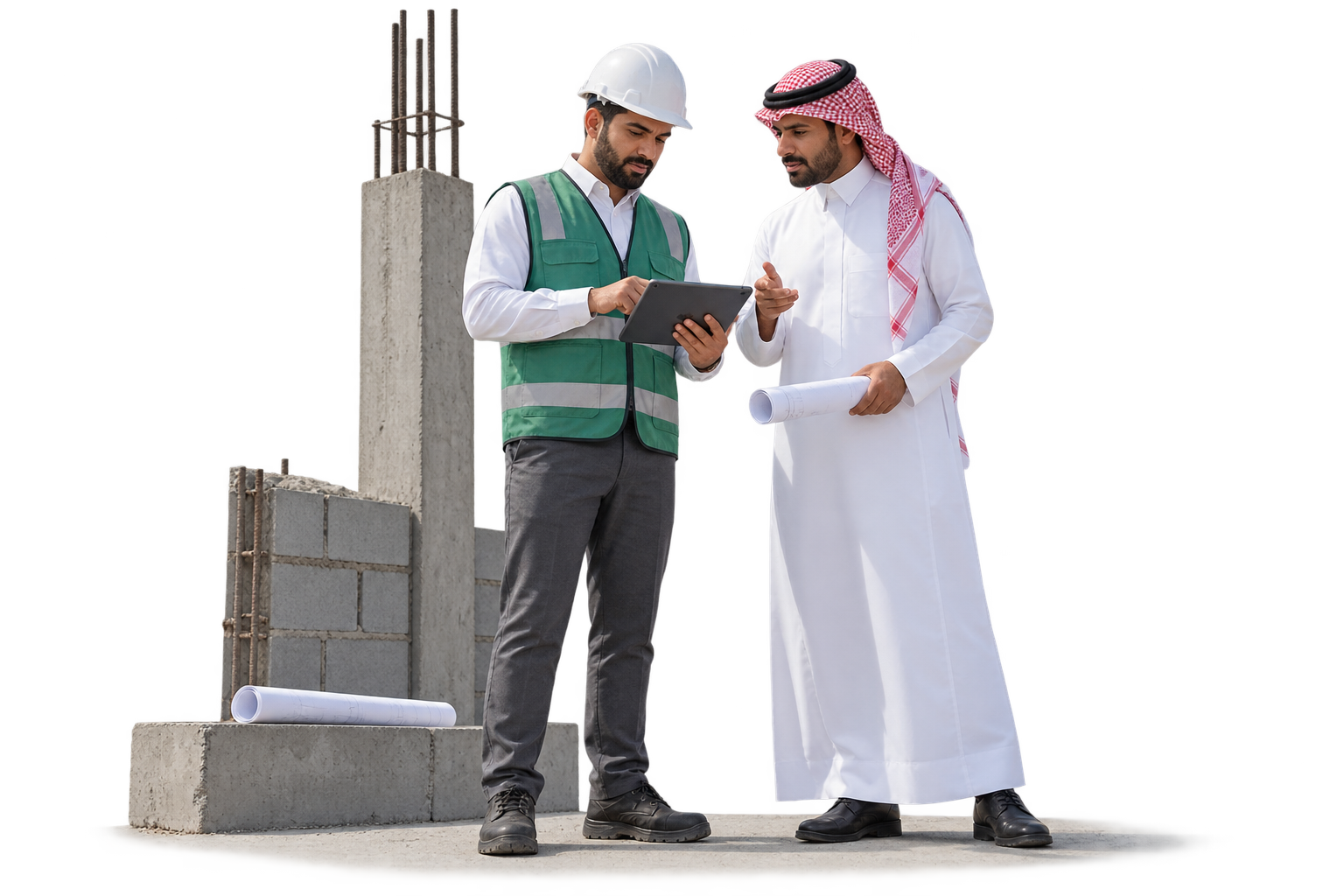 Saudi site engineer and contractor coordinating a site enquiry with a tablet and drawing roll.