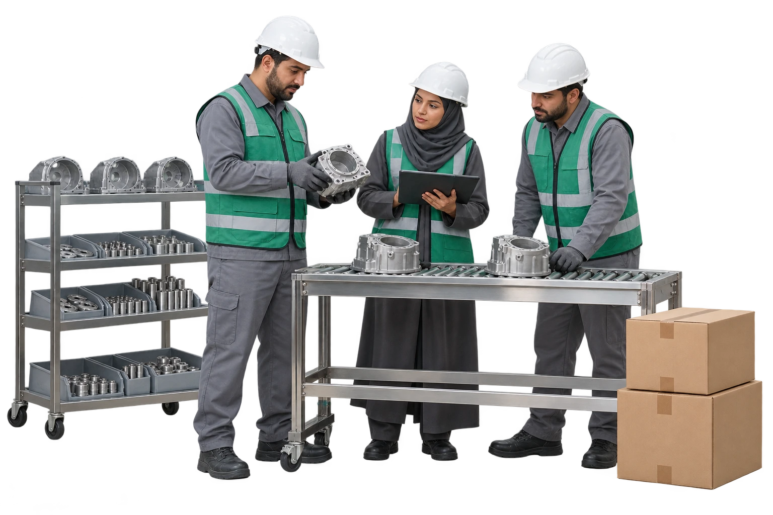 Saudi manufacturing team reviewing a metal component at an inspection station