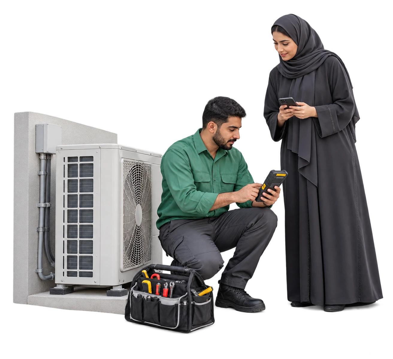 Saudi field-service technician and coordinator beside HVAC equipment