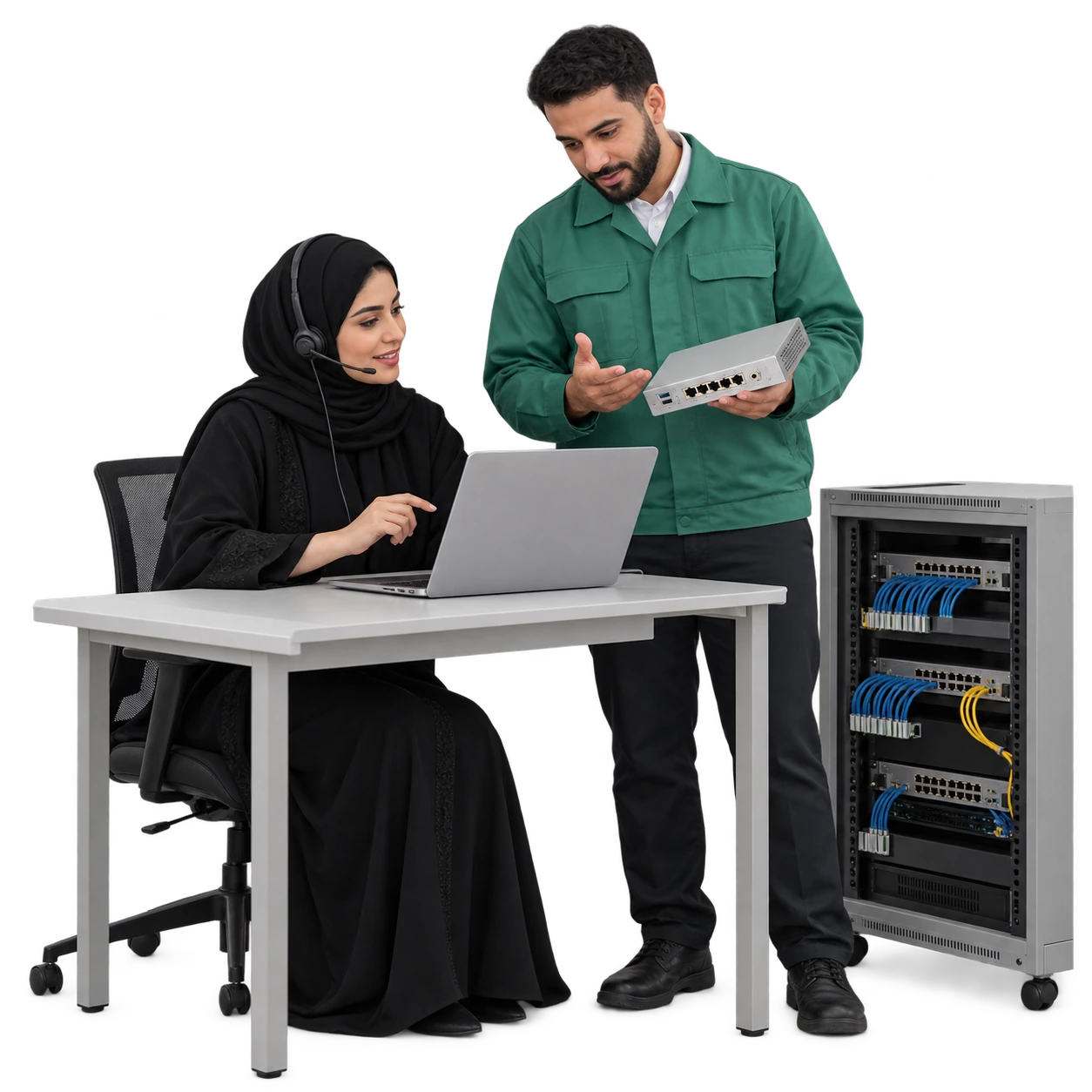 Saudi service-desk specialist and telecom engineer reviewing network equipment