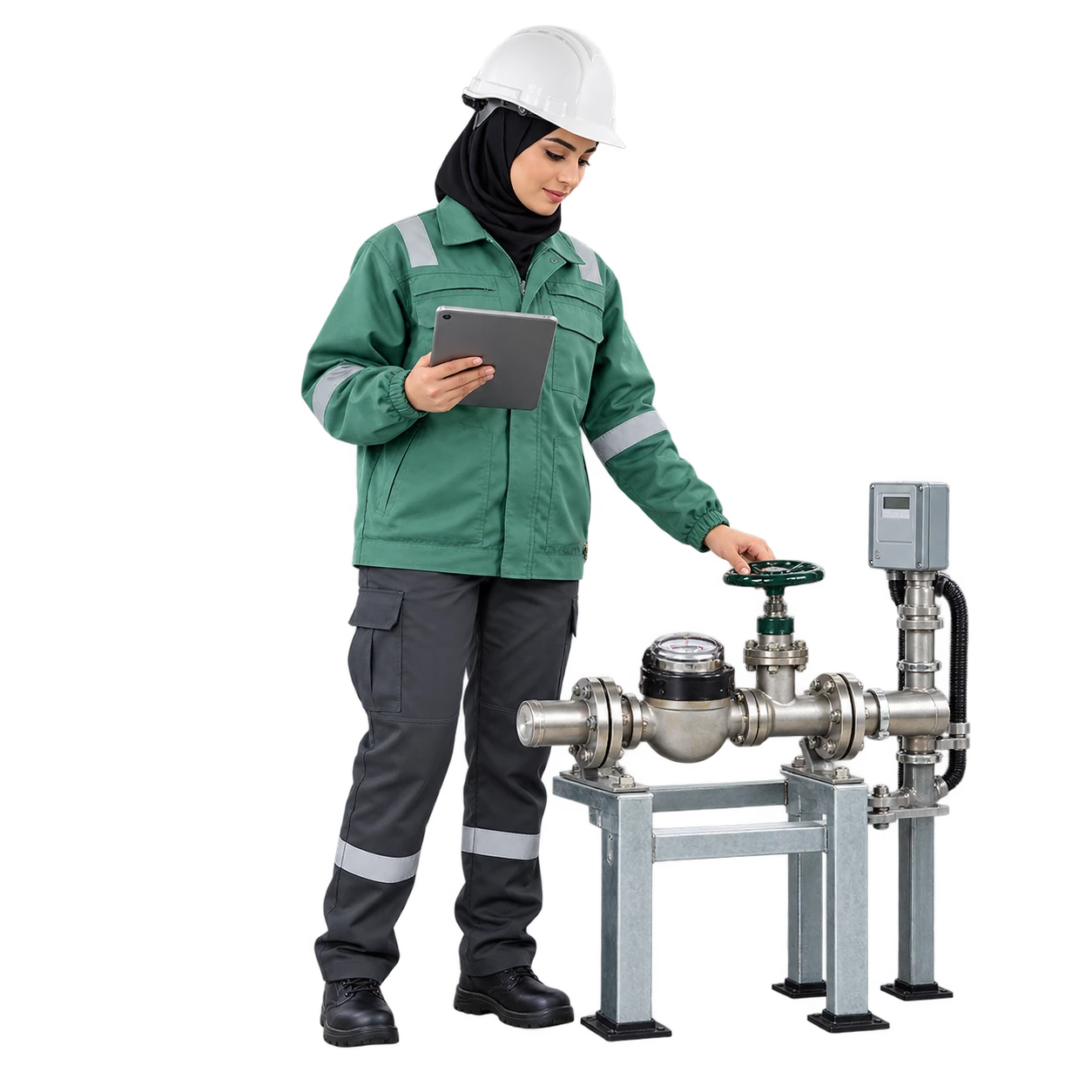 Saudi utility engineer reviewing a service meter and pipe assembly