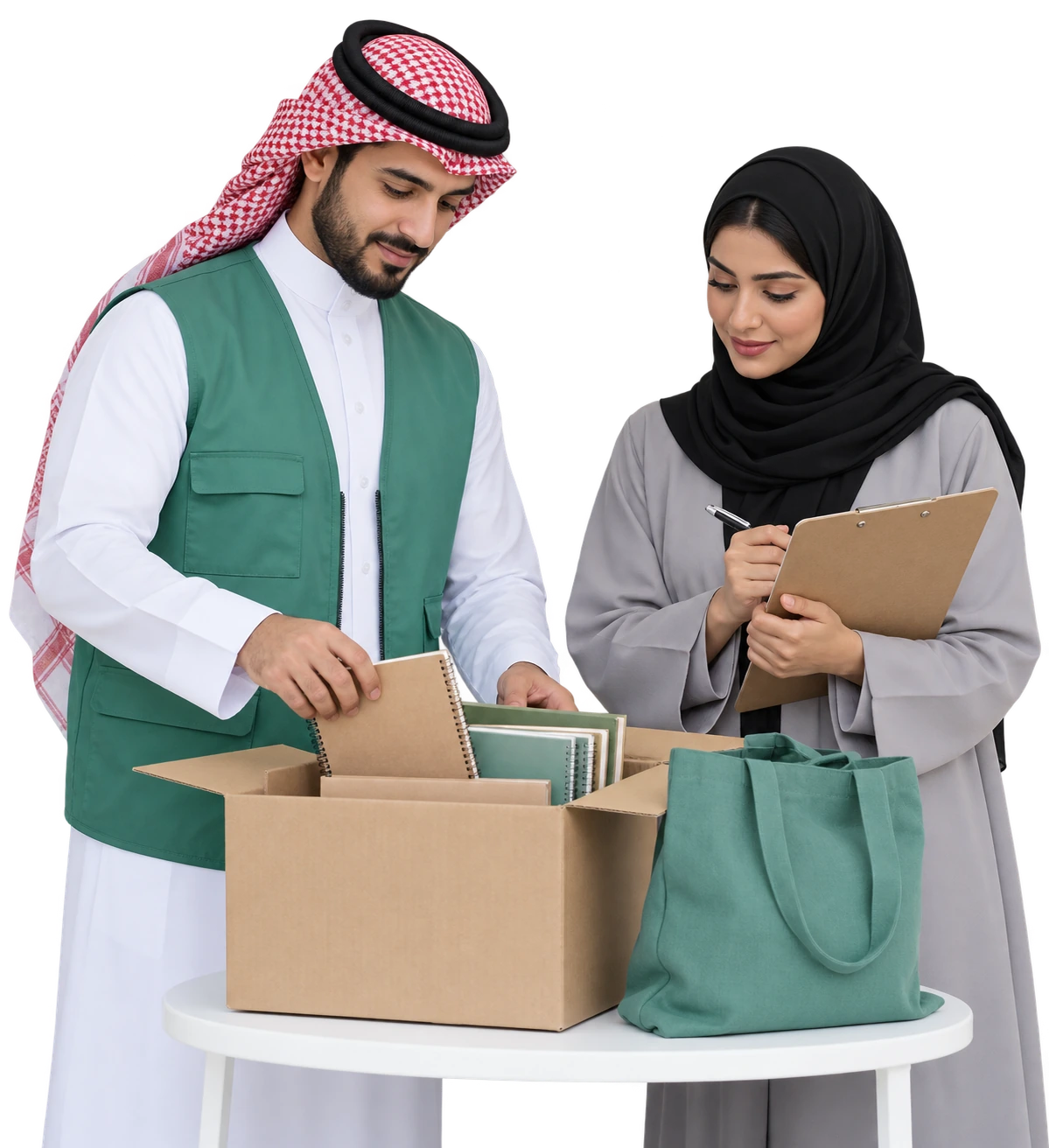 Saudi volunteer and programme coordinators preparing community learning kits