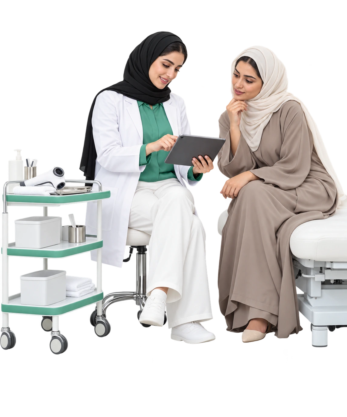 Saudi dermatologist discussing consultation details with an adult patient