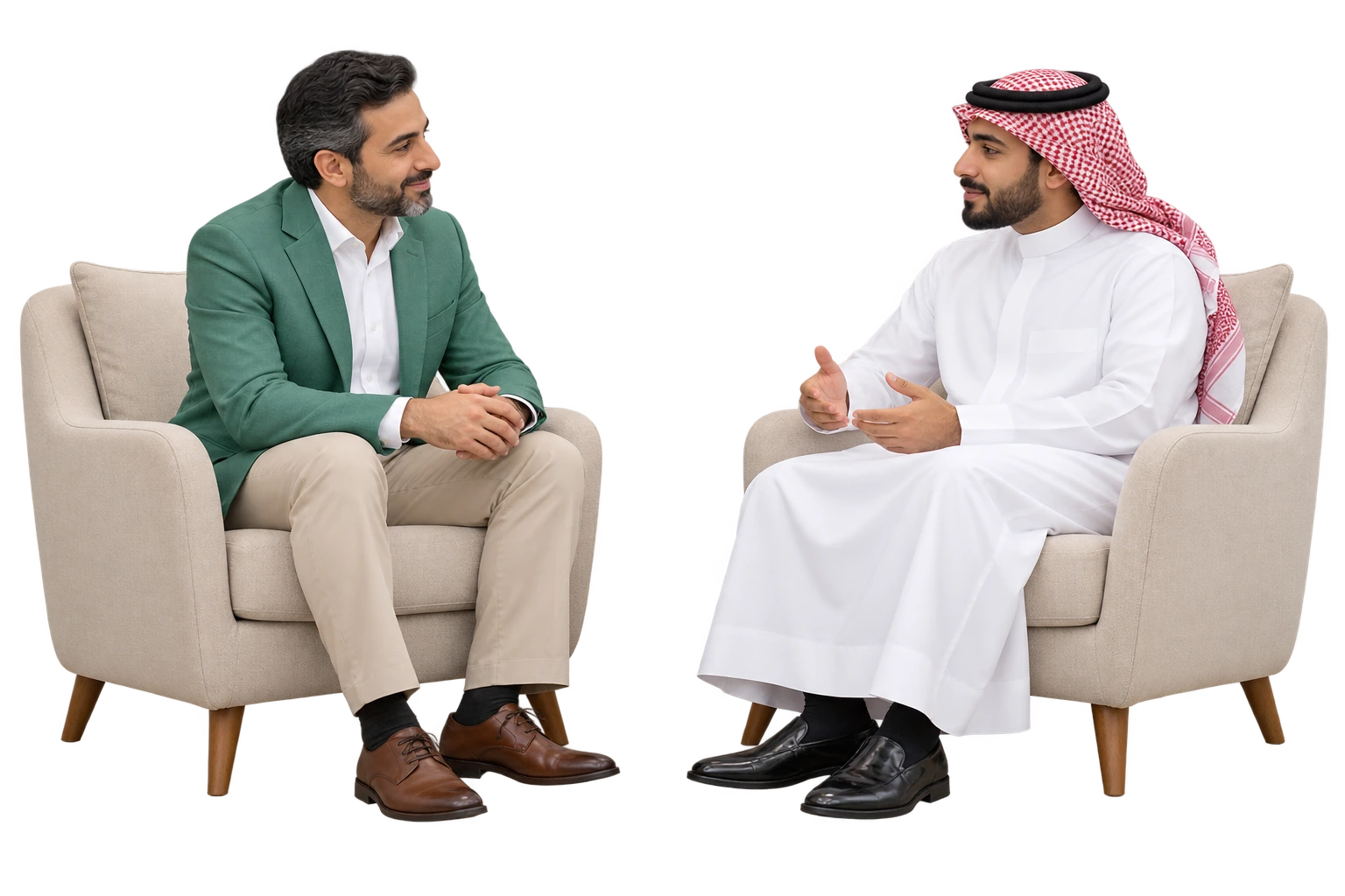 Saudi psychologist listening to an adult patient in a calm conversation