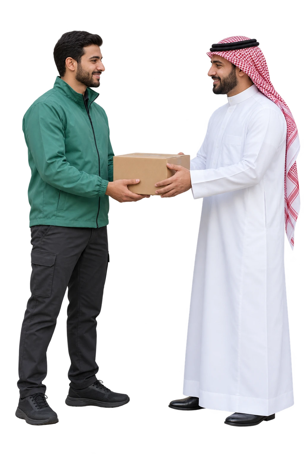 Saudi courier handing a sealed parcel to a recipient