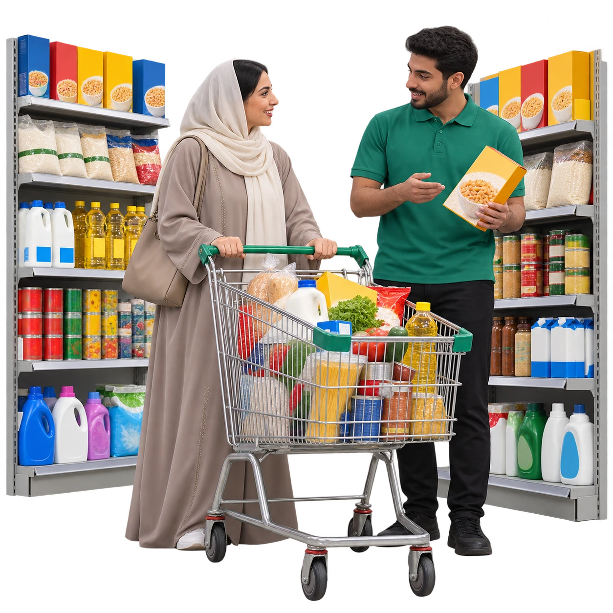 Saudi grocery coordinator packing fresh produce while speaking with a shopper