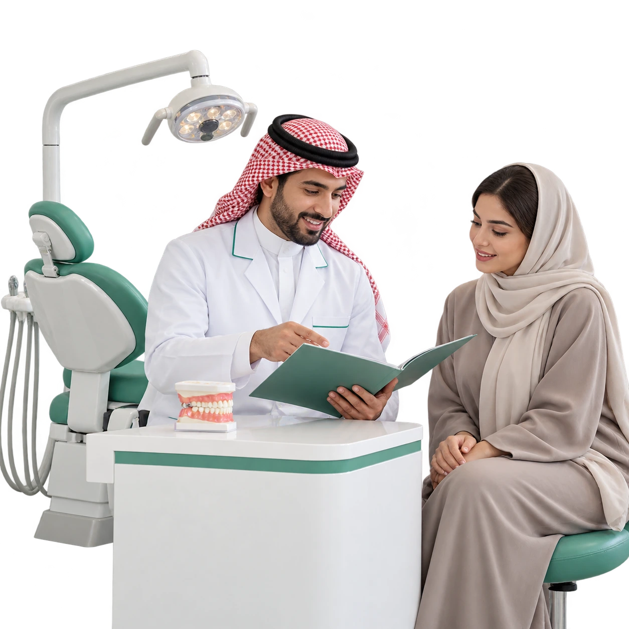 Saudi dentist discussing a visit with a patient in a dental clinic