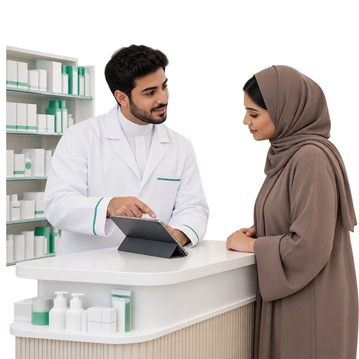 Saudi pharmacist discussing a pharmacy enquiry with a visitor