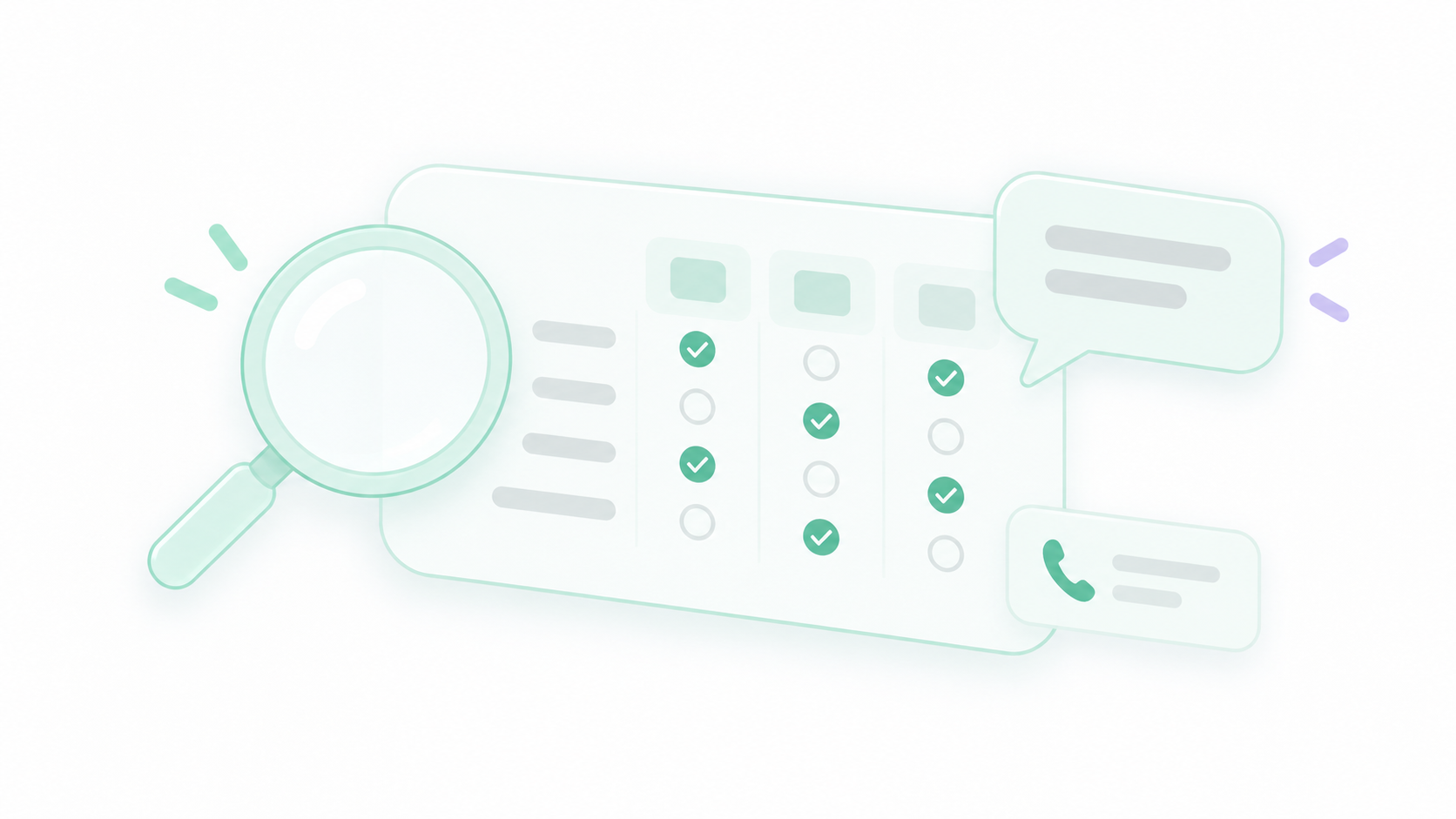 Soft illustration of a comparison checklist, magnifier, chat bubbles and phone handset in UCaaS brand colors.