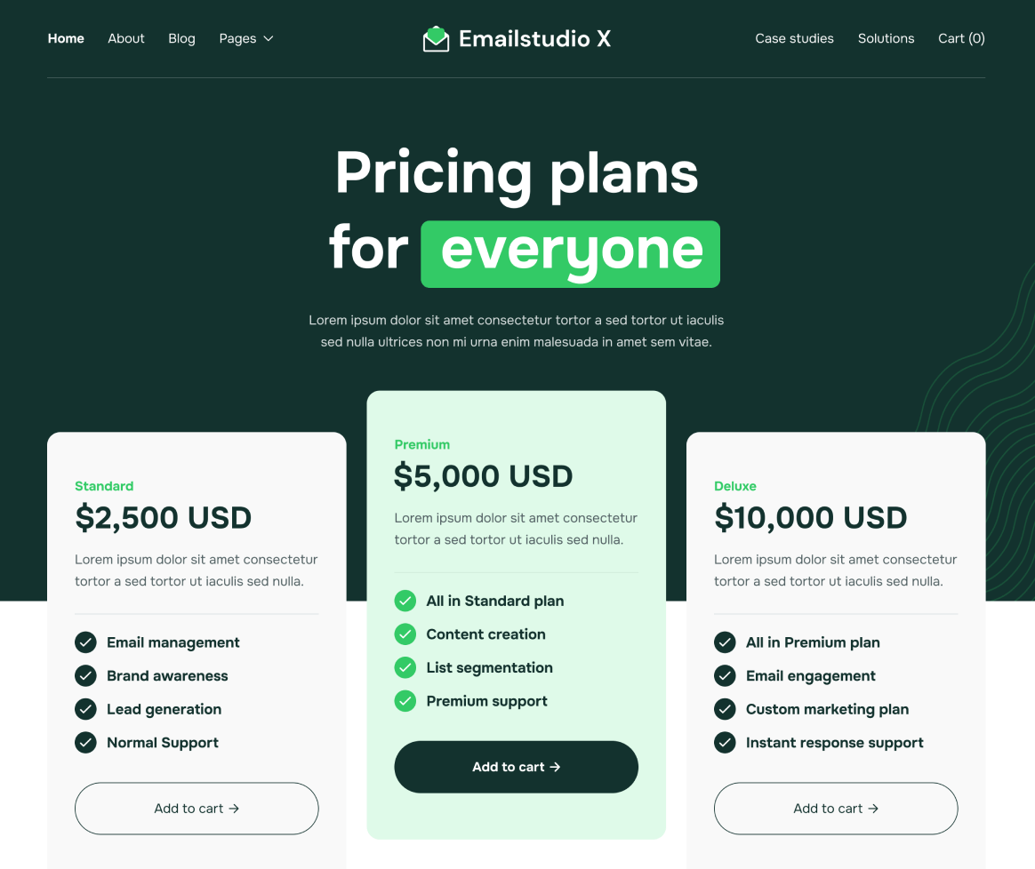 Emailstudio X - Packages Page - Email Marketing Agency Webflow Template
