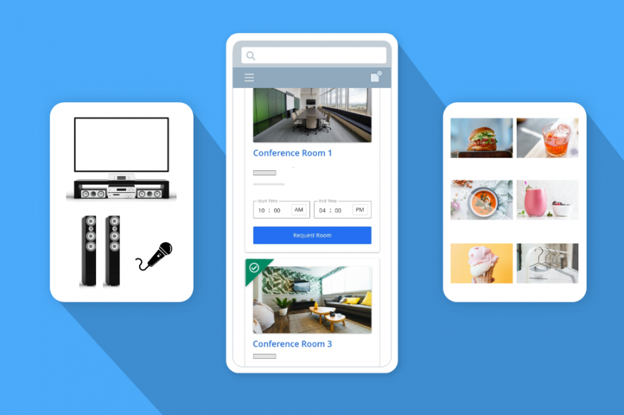 Space booking filter showing available rooms with equipment and catering screens