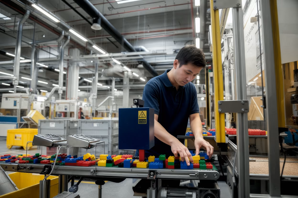 Man working on a factory conveyor belt sorting colorful plastic toy blocks in an industrial setting.