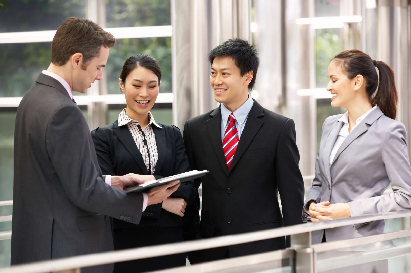 Business people reviewing documents together.