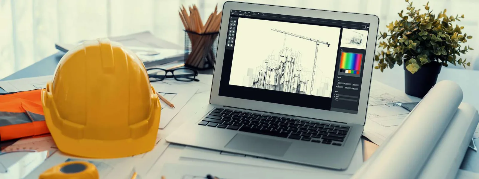 Laptop, helmet and plans.