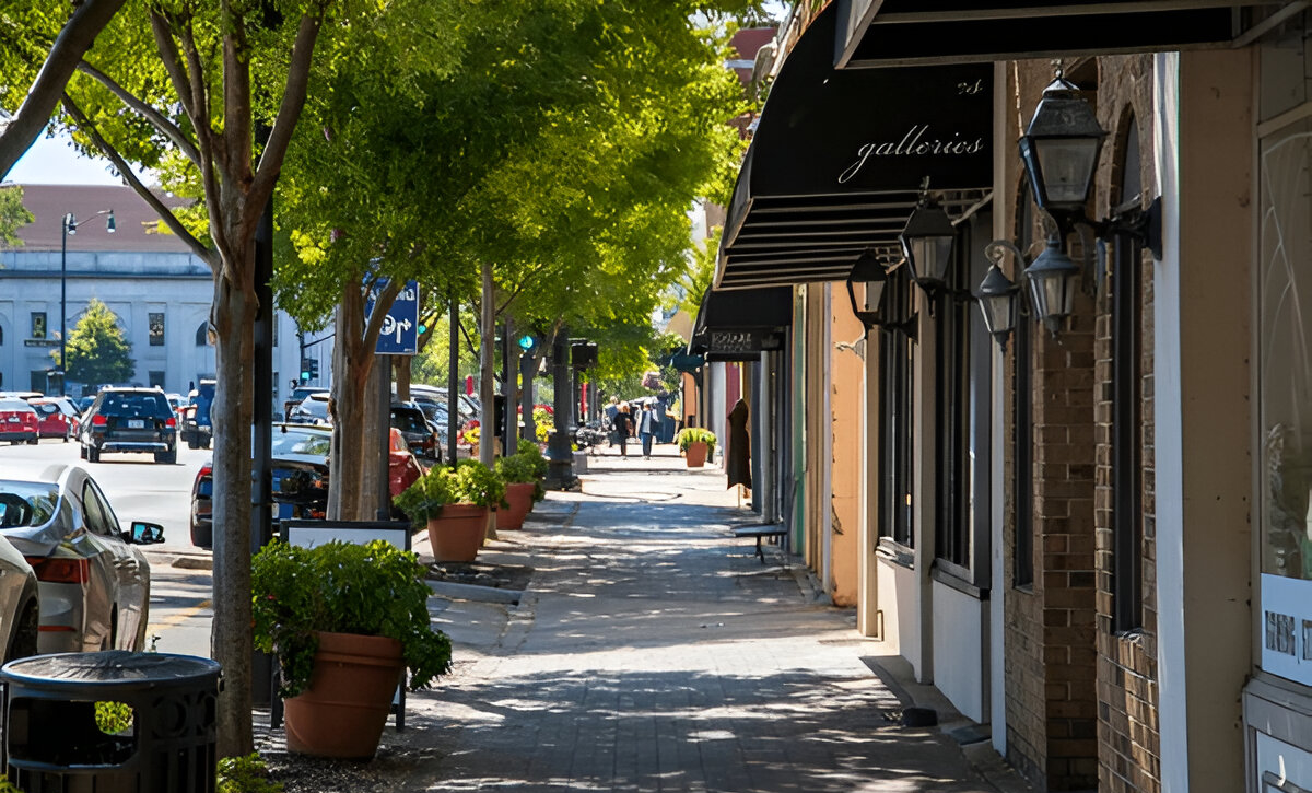Historic downtown Marietta streetscape with boutique shops near The Ridge Apartments in Marietta, GA