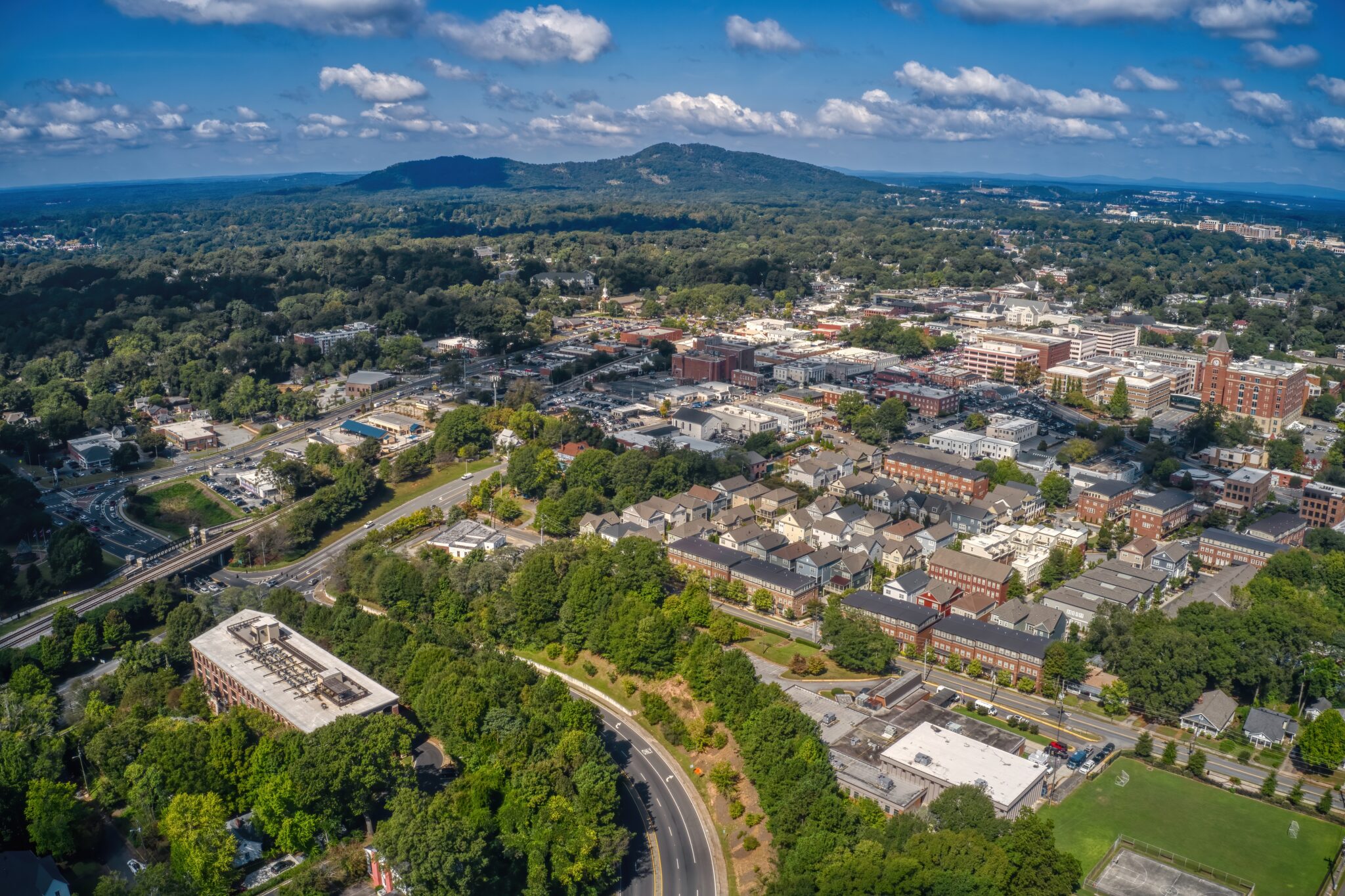 Aerial view of The Ridge Apartments community with green courtyards in Marietta, GA