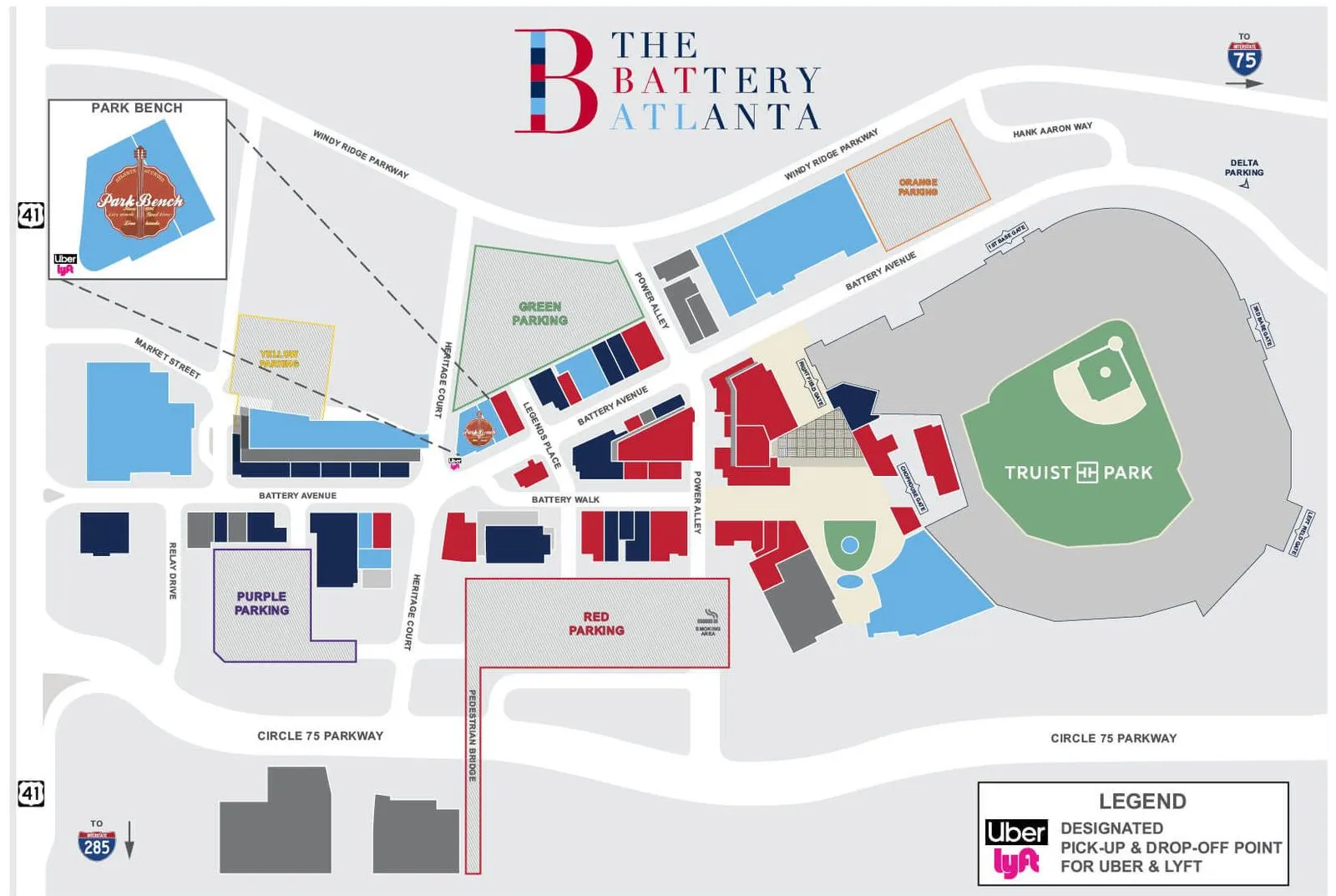 Map of The Battery Atlanta entertainment district near The Ridge Apartments.