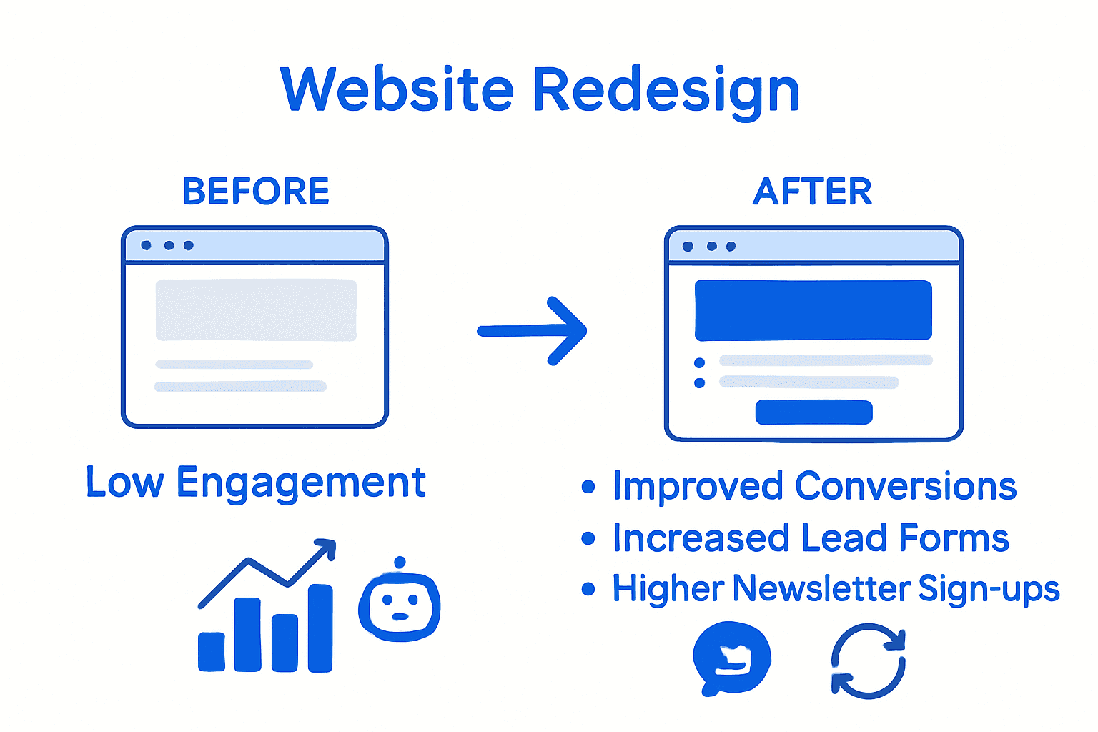 Infographic contrasting old and new agency website metrics with icons for leads, conversions, and automation.