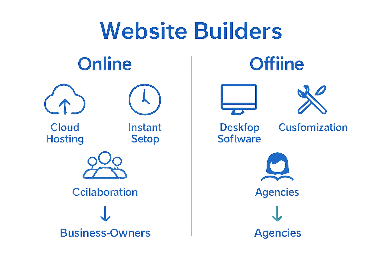 Infographic comparing online and offline website builders and their ideal users.