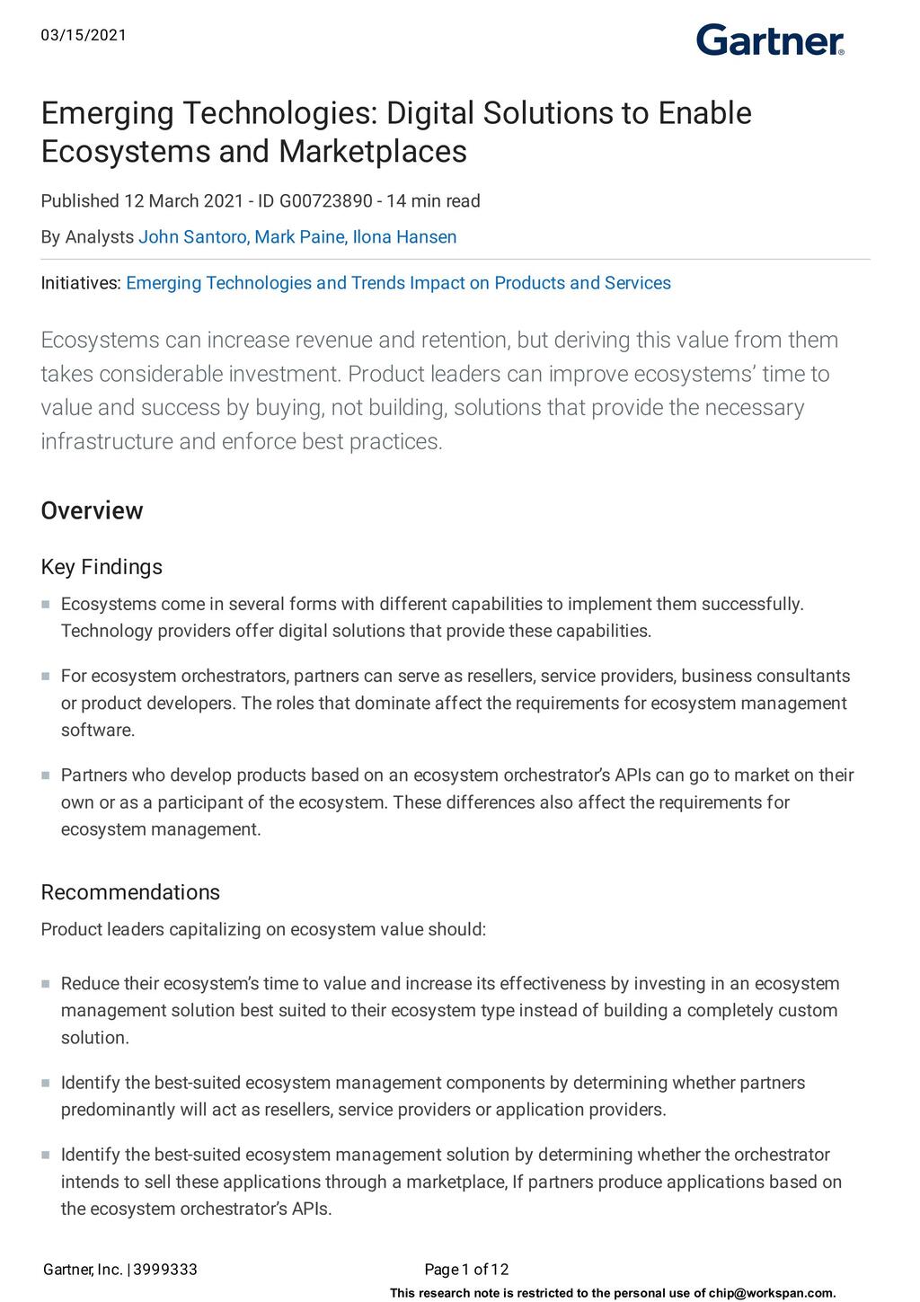 Gartner Emerging Technologies: Digital Solutions to Enable Ecosystems and Marketplaces