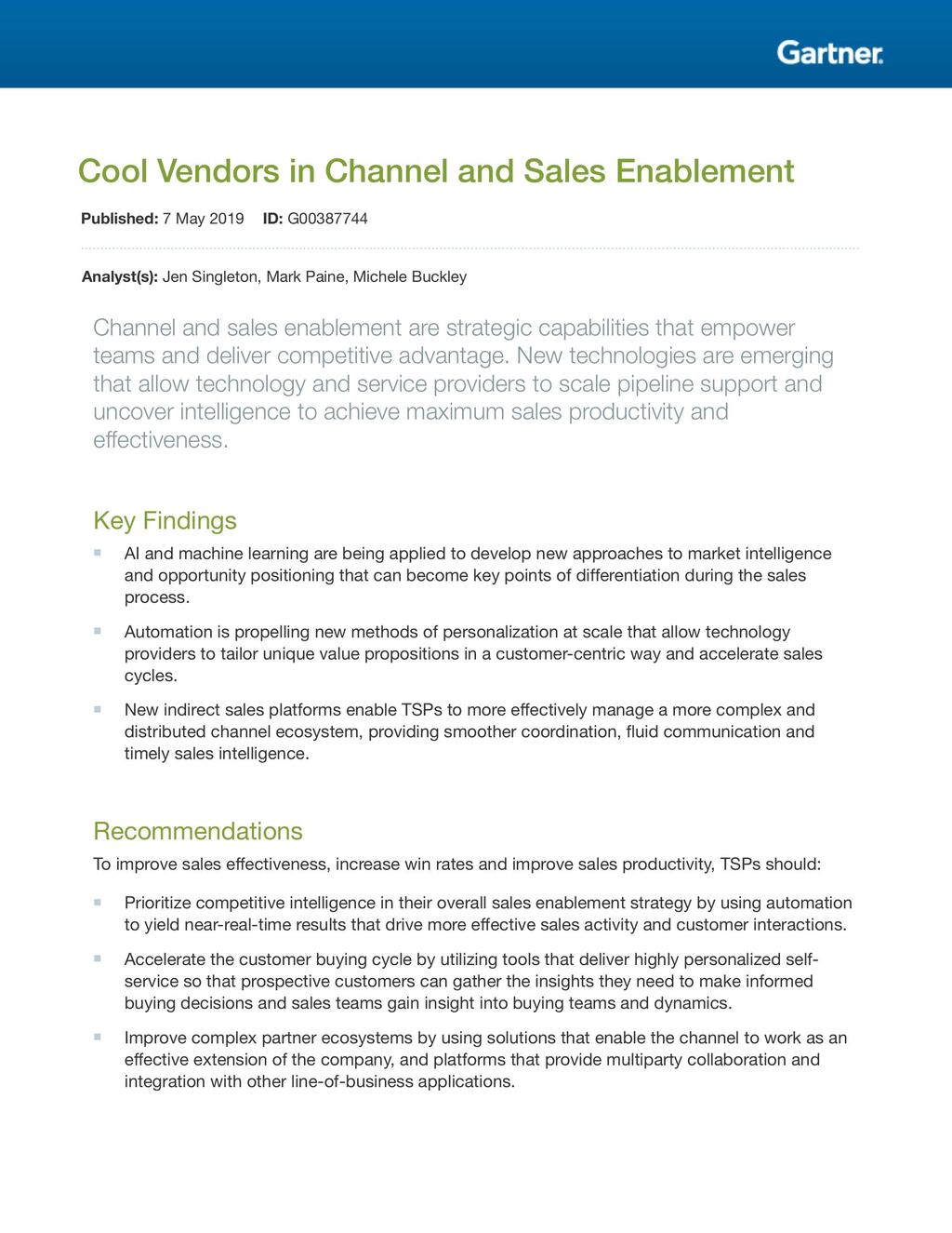 Gartner Cool Vendors in Channel and Sales Enablement (2019)