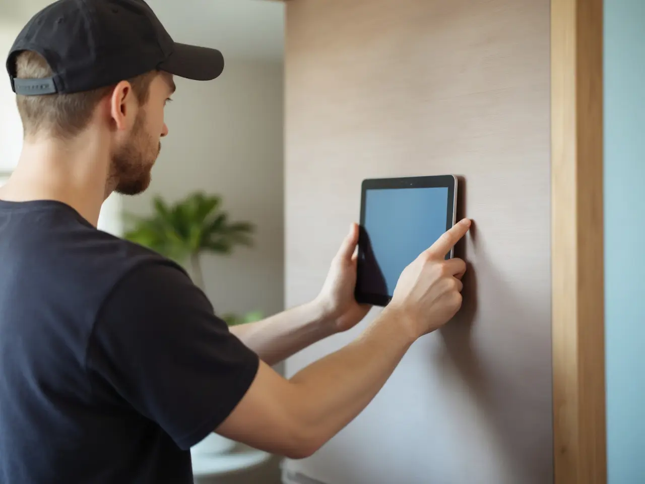 Elektriker monterer smart home display på vegg