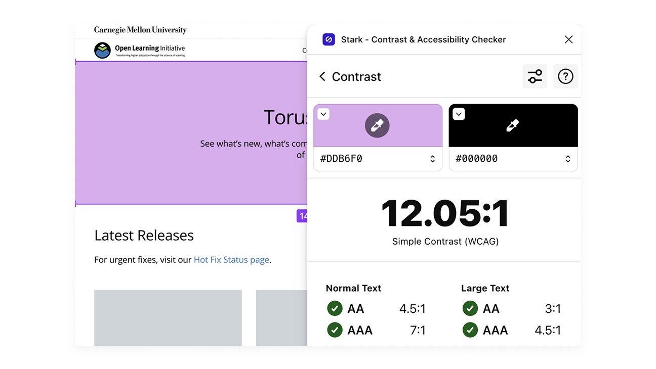 Screenshot of a contrast checker confirming color combinations meet AA and AAA accessibility standards.