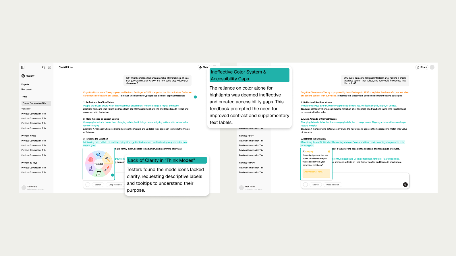 Mid-fidelity wireframes with orange/teal highlights and a reflection wheel, annotated with user feedback on clarity and accessibility issues.