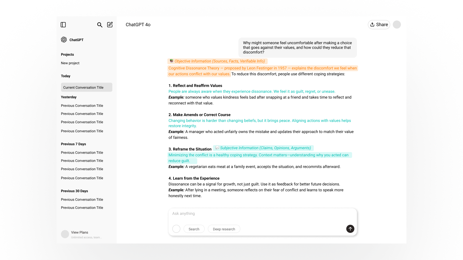 A screenshot of an AI interface with a paragraph of text. A sentence is highlighted in orange with the label "Objective Information" and another in teal with the label "Subjective Information.