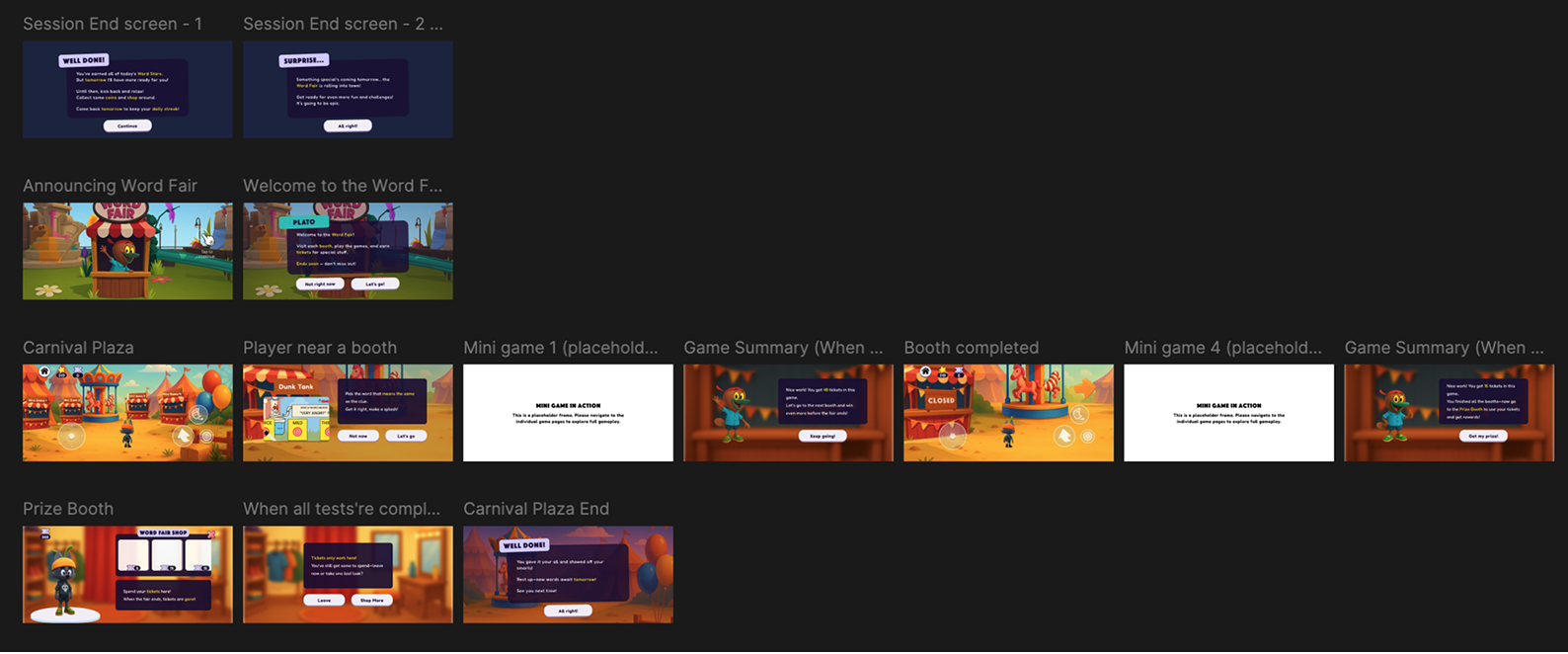 Lineup of Word Fair screens showing the event sequence: announcement booth, carnival plaza, mini-games, prize booth, and end screen.