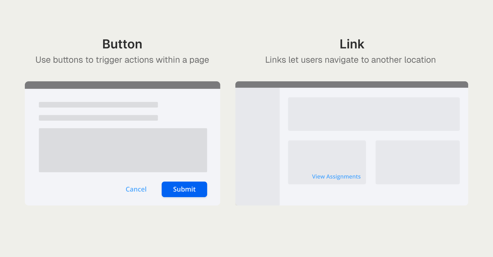 Side-by-side wireframes showing buttons used for actions and links used for page navigation.