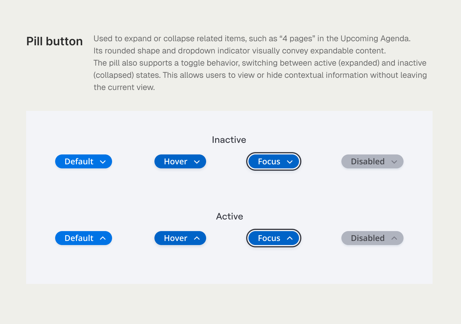 Spec sheet for the Pill button showing interactive states for its active and inactive modes.