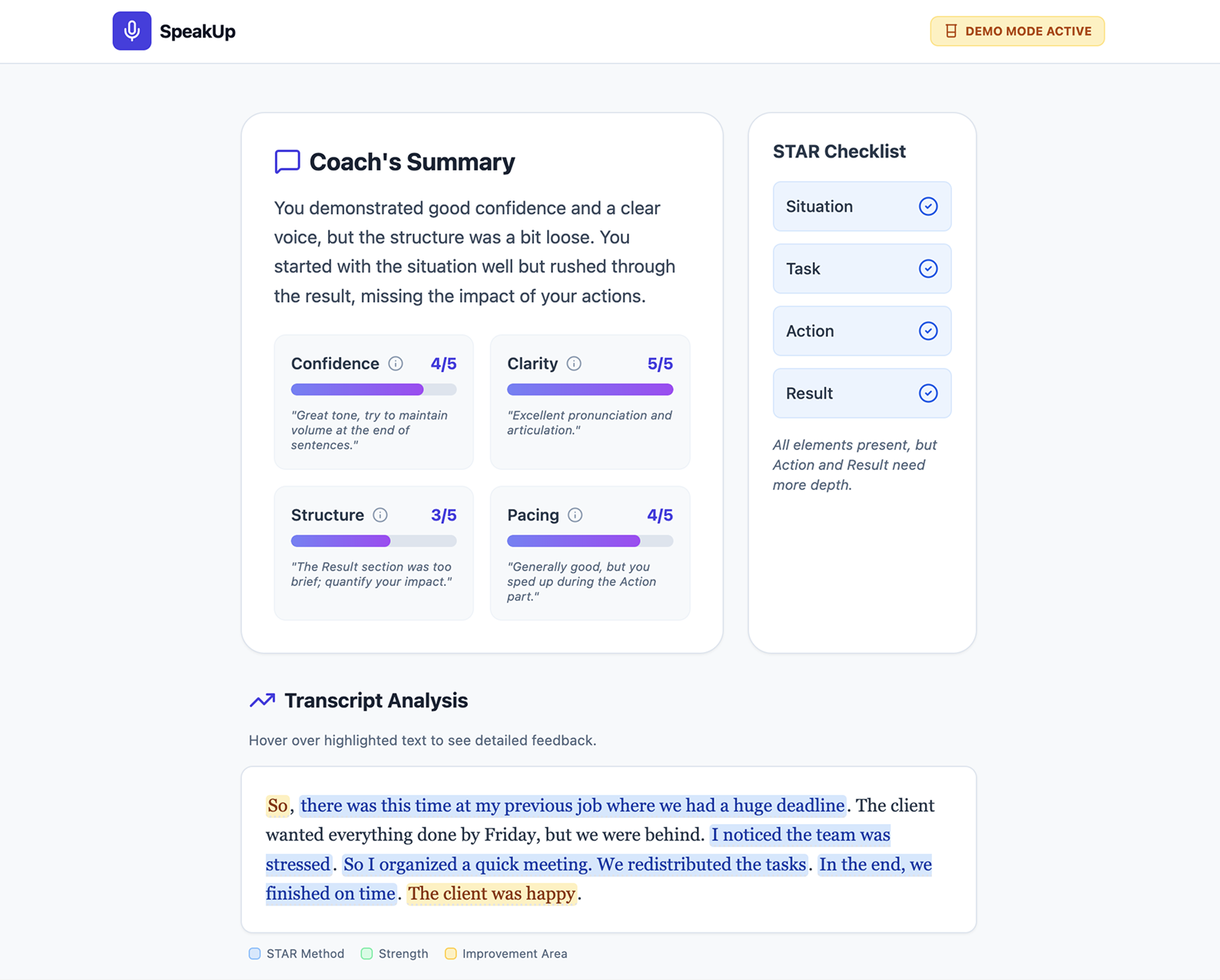 A prototype dashboard showing an AI coaching summary, delivery scores, a storytelling checklist, and a highlighted transcript analysis.