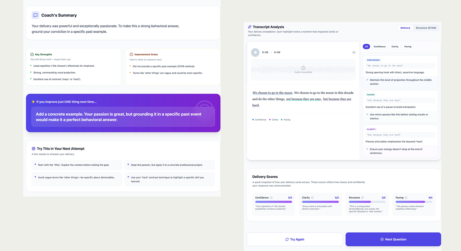 An early-stage interface displaying a text-based coach's summary, categorical delivery scores, and a transcript with general performance highlights.
