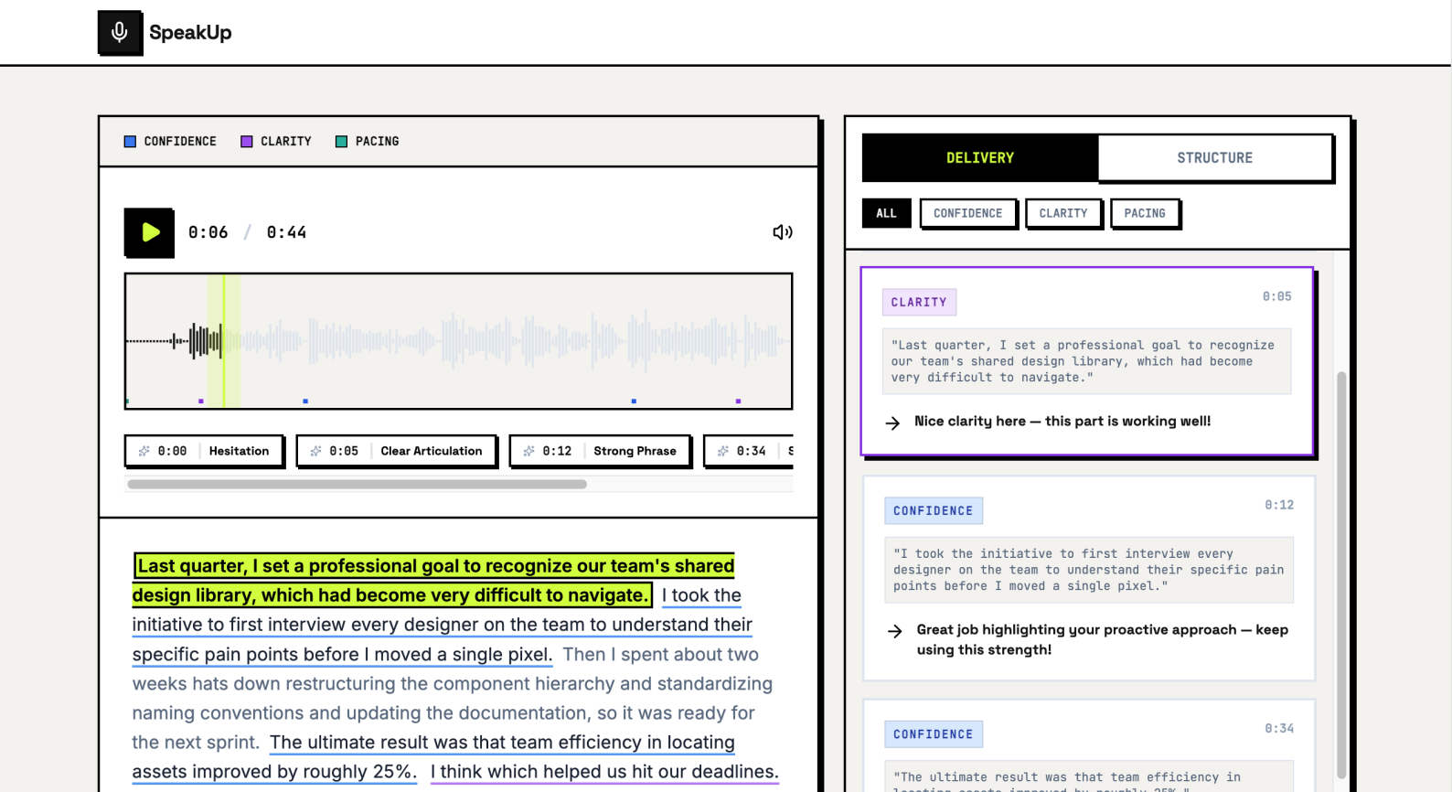 A digital interface showing a transcript with a highlighted sentence and a corresponding feedback card in a side panel labeled "Clarity”