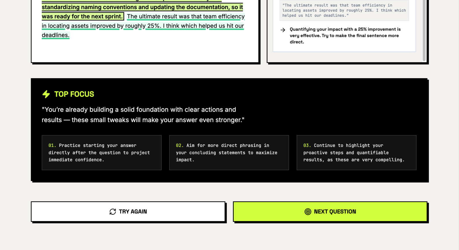 A dark dashboard section titled "Top Focus" with three numbered advice cards sitting above "Try Again" and "Next Question" buttons.