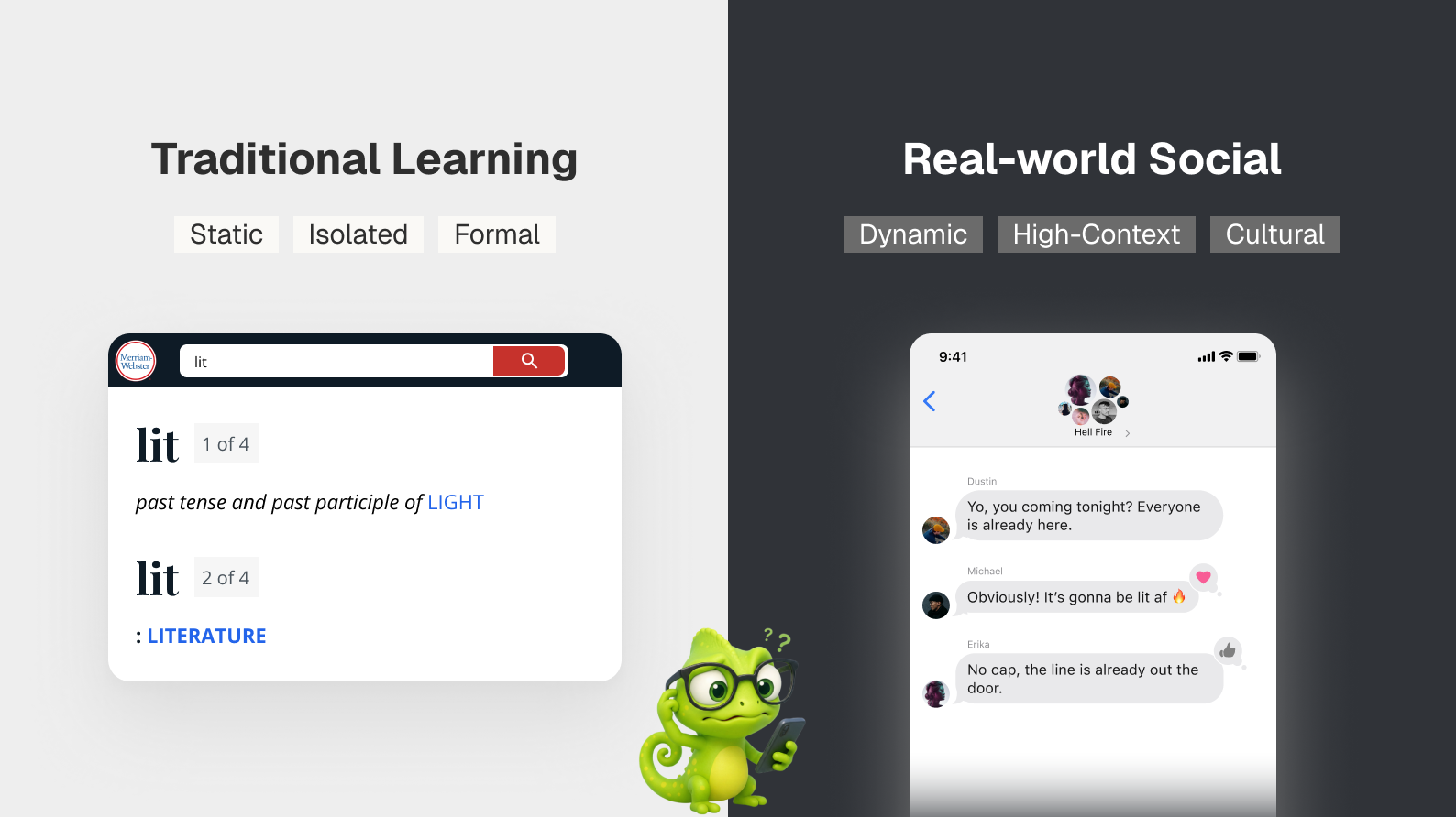 Split-screen comparison of a formal dictionary definition versus a casual slang group chat. A confused chameleon sits in the middle, illustrating the gap between textbook English and social belonging