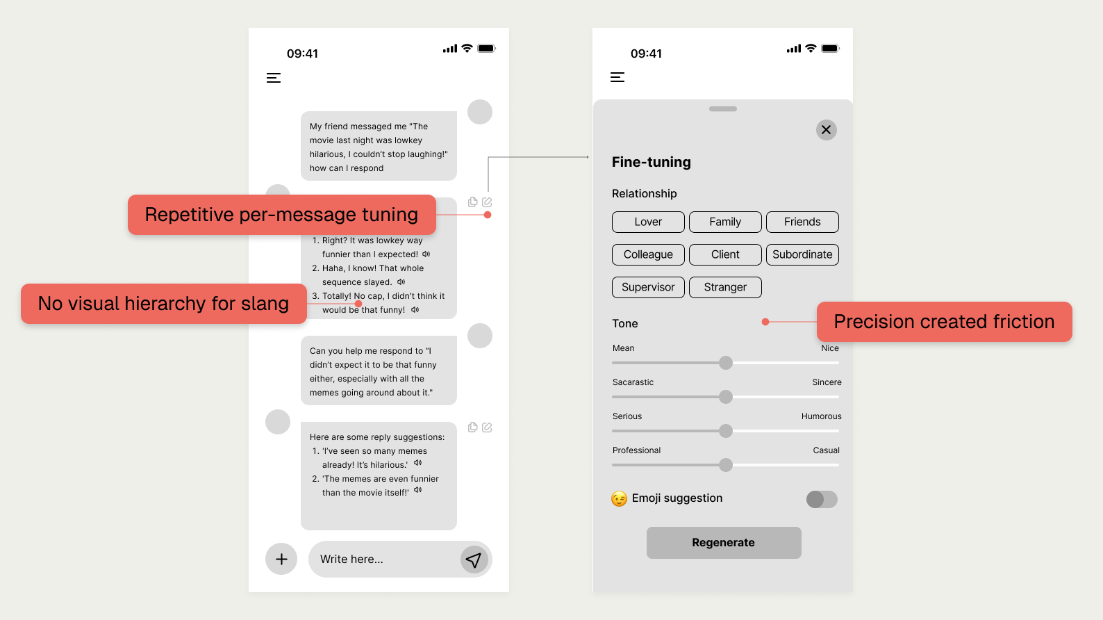 Comparison of chat bubbles and tone-tuning sliders with callouts highlighting friction points