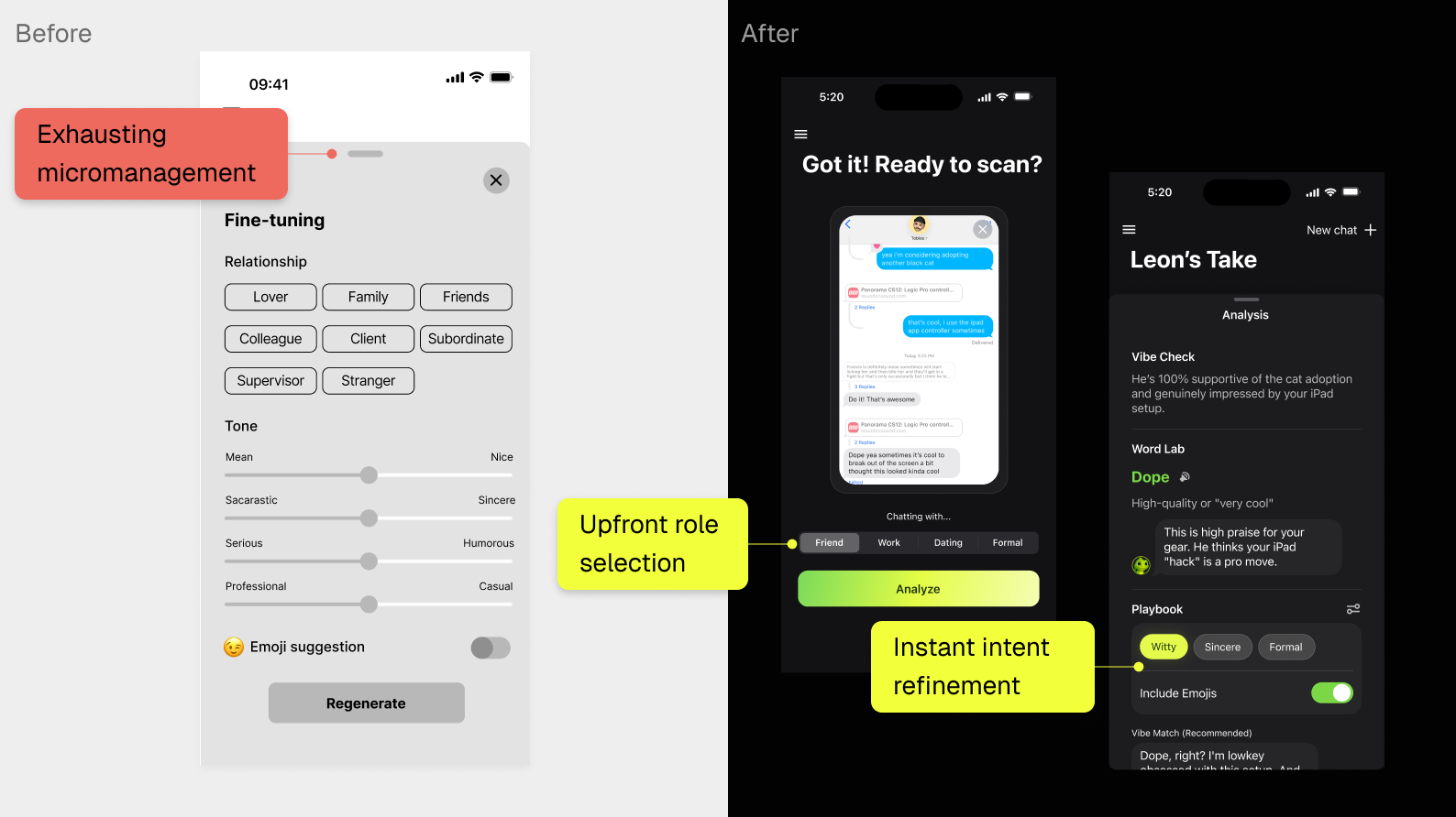Comparison showing "Exhausting micromanagement" sliders versus a new two-step flow with upfront role selection