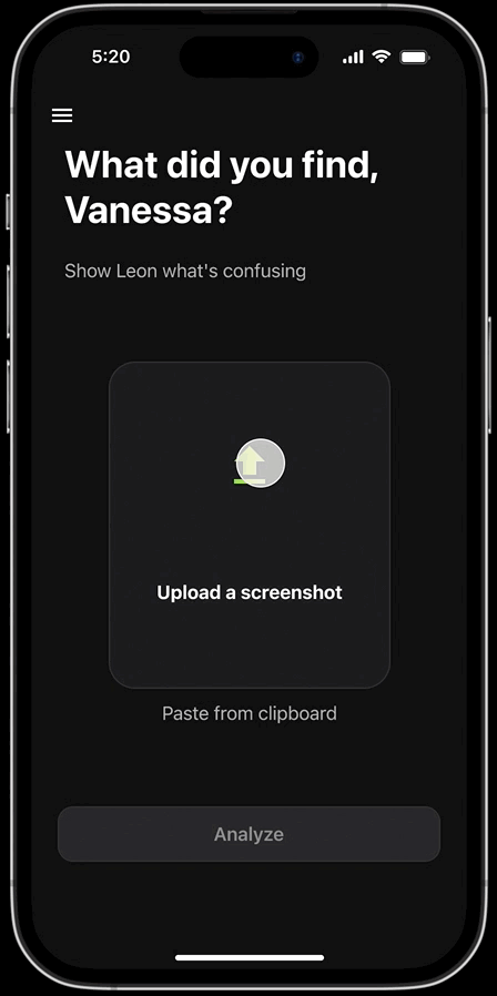 UI flow of a user uploading a chat screenshot to the Leon app interface